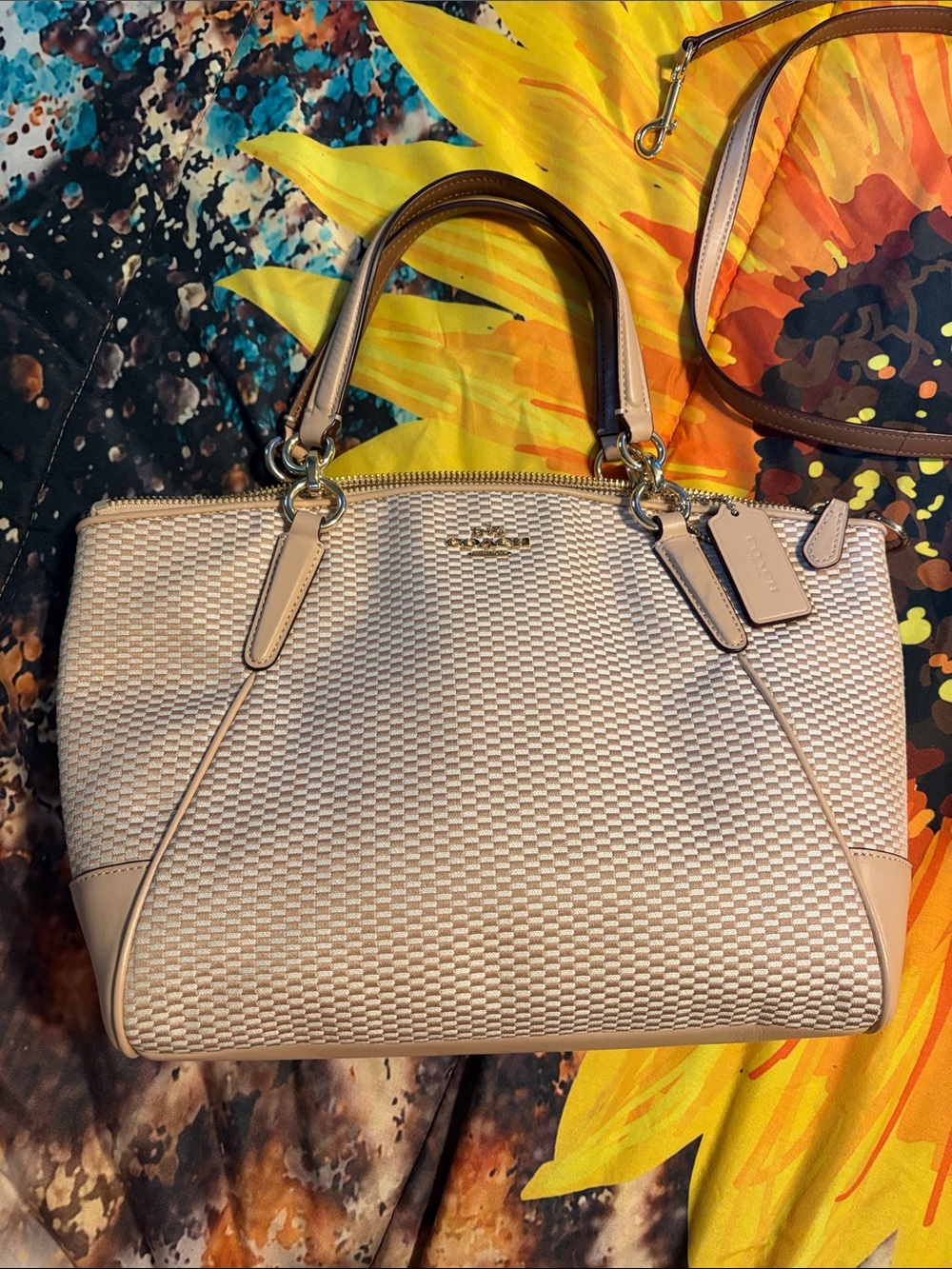 COACH Kelsey legacy satchel in jacquard beige/white